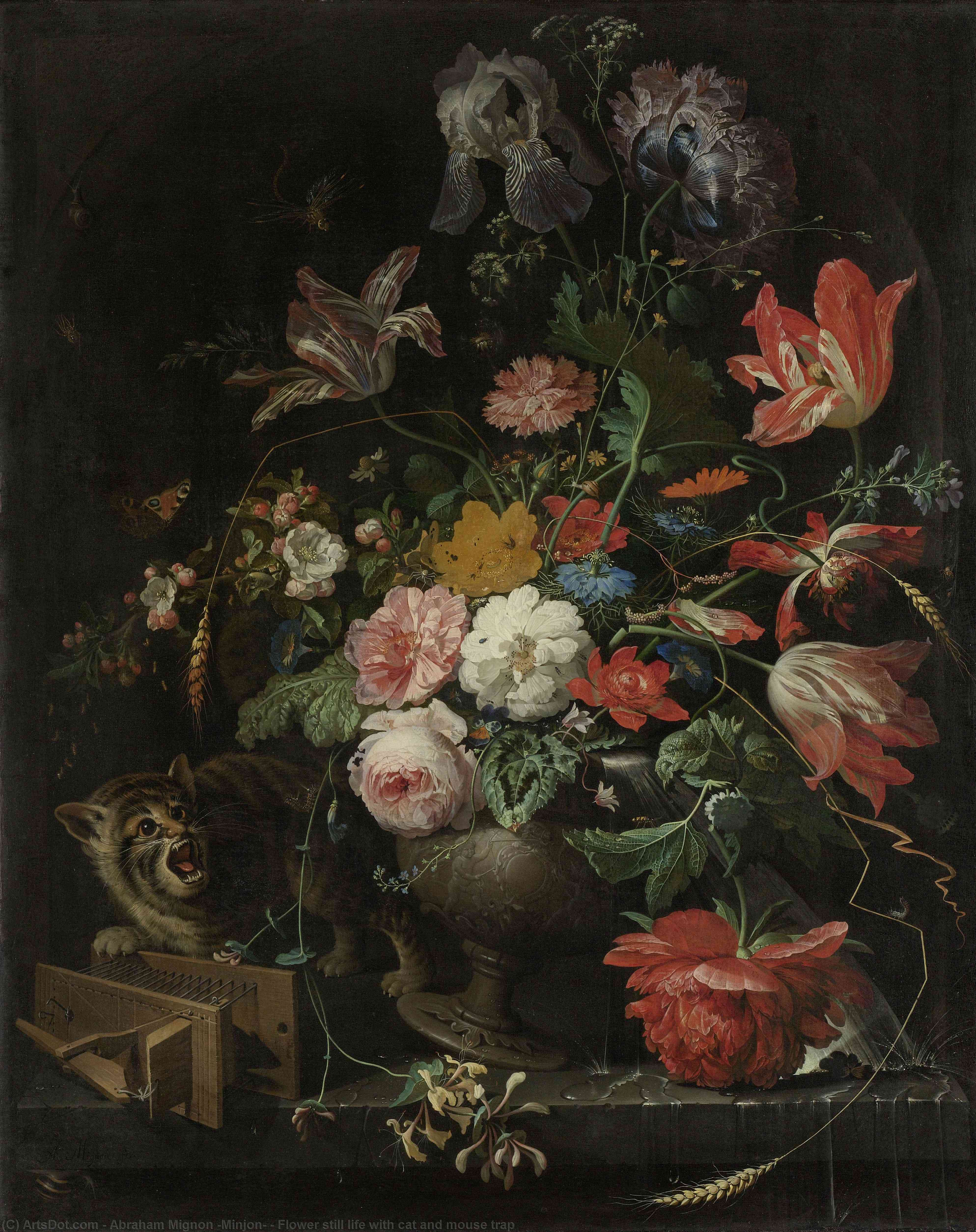 Flower Still Life With Cat And Mouse Trap — Abraham Mignon (minjon)