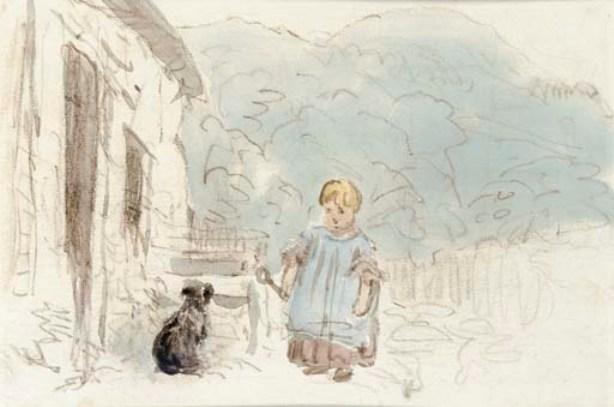 A Child With A Dog, Outside A Cottage — David Cox