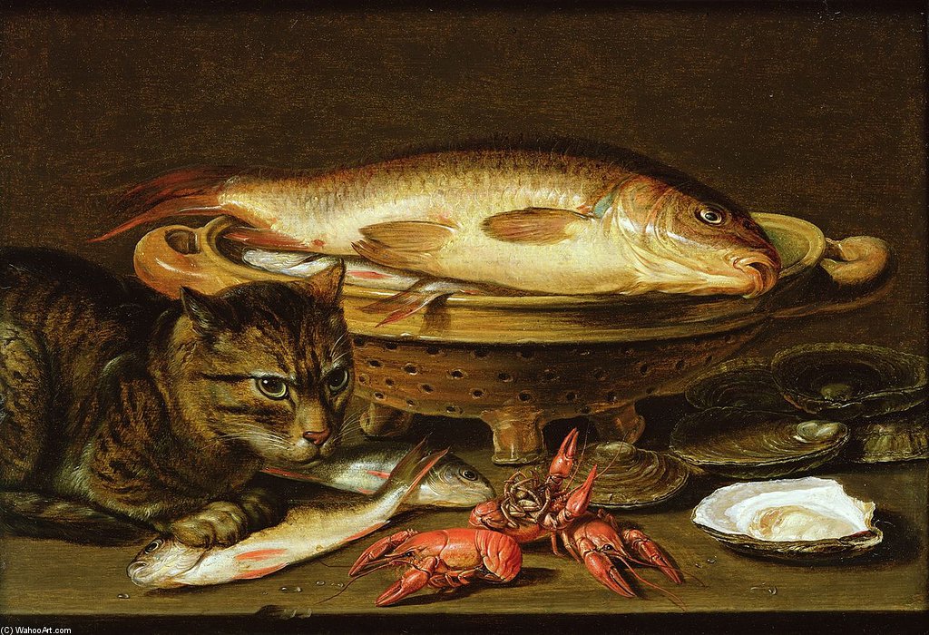 A Still Life With Carp In A Ceramic Colander, Oysters, Crayfish, Roach And A Cat On The Ledge Beneath — Clara Peeters