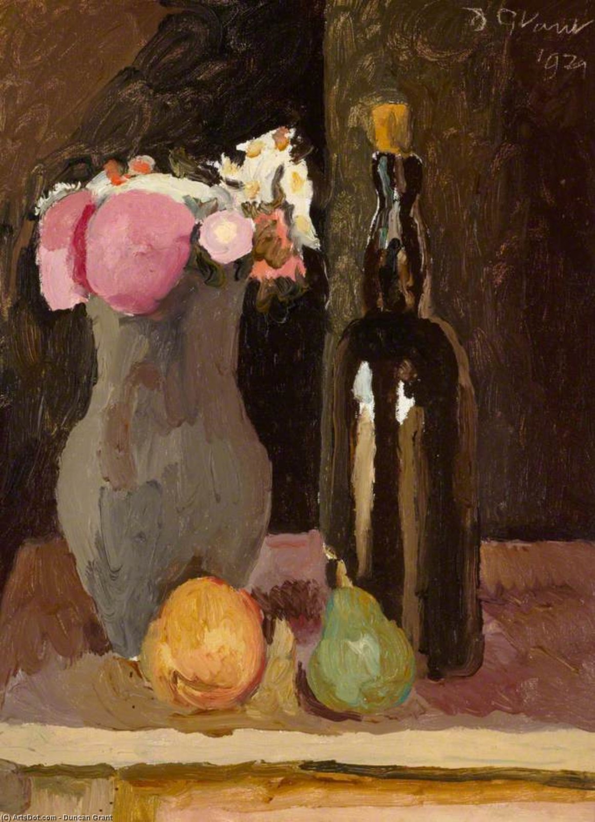 Still Life Of Flowers With Bottle And Fruit — Duncan Grant