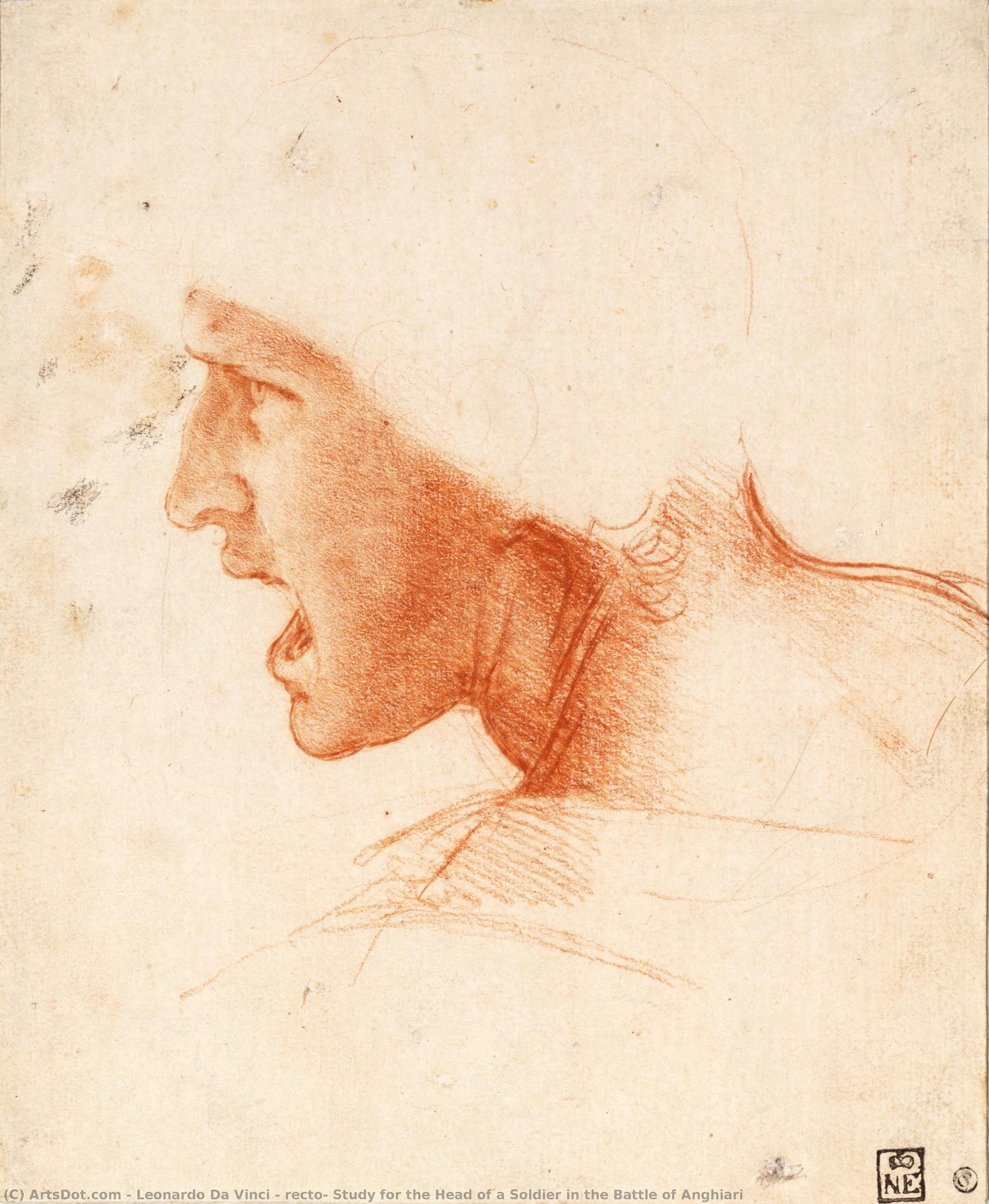 Recto: Study For The Head Of A Soldier In The Battle Of Anghiari — Leonardo Da Vinci