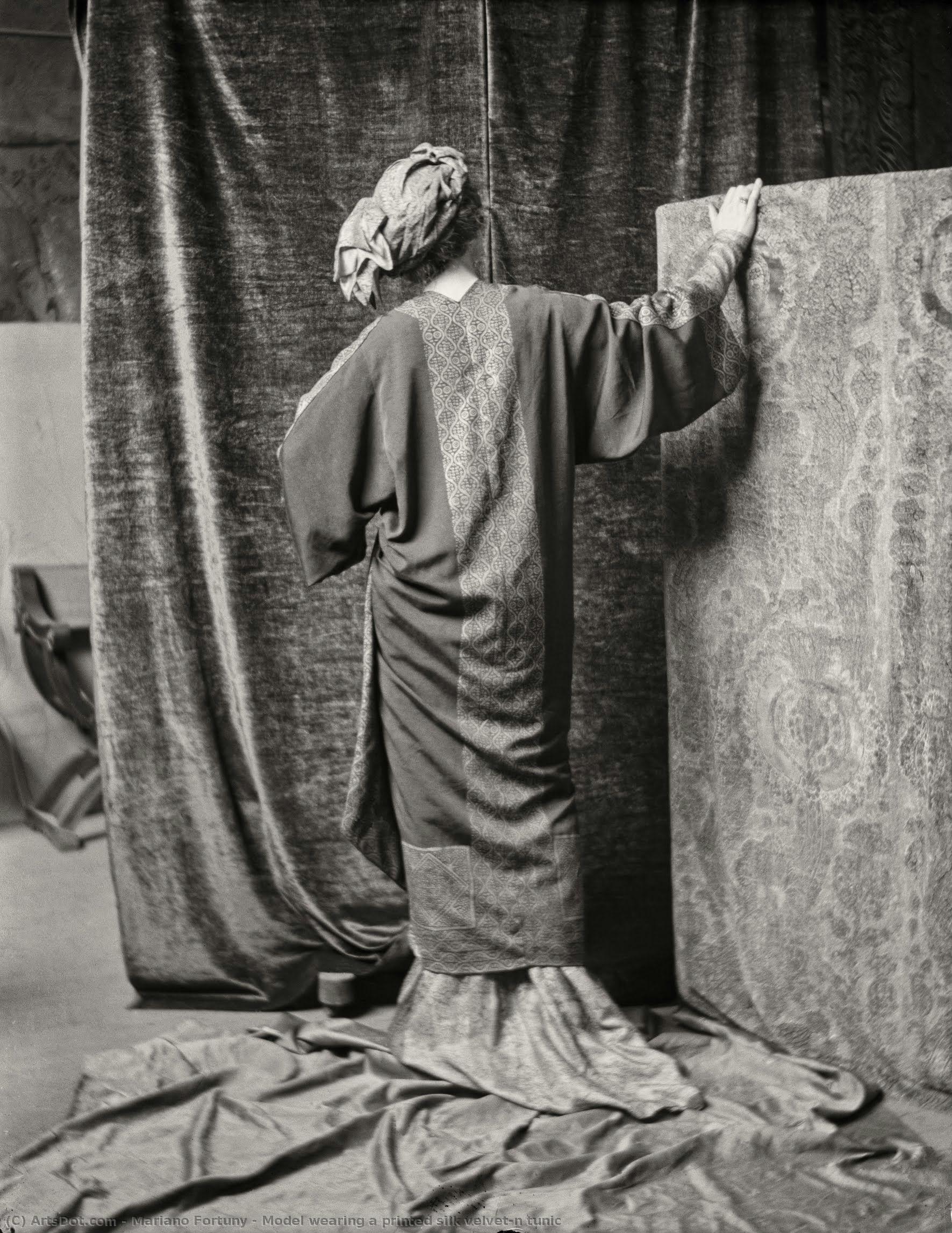 Model Wearing A Printed Silk Velvet\n Tunic — Mariano Fortuny