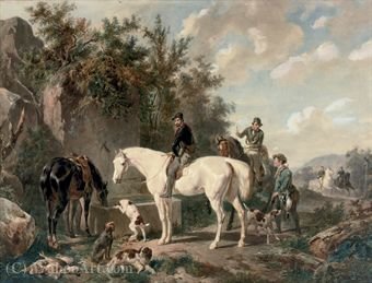 Taking A Break Horses Watering After A Hunt — Wouterus Verschuur