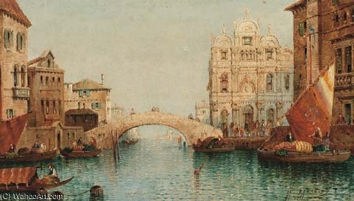 Vessels On A Venetian Canal By A Bridge — William Meadows