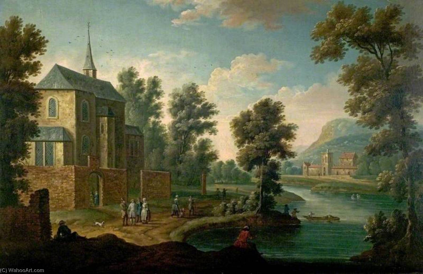 River Scene With A Road By A Church — Thomas Smith