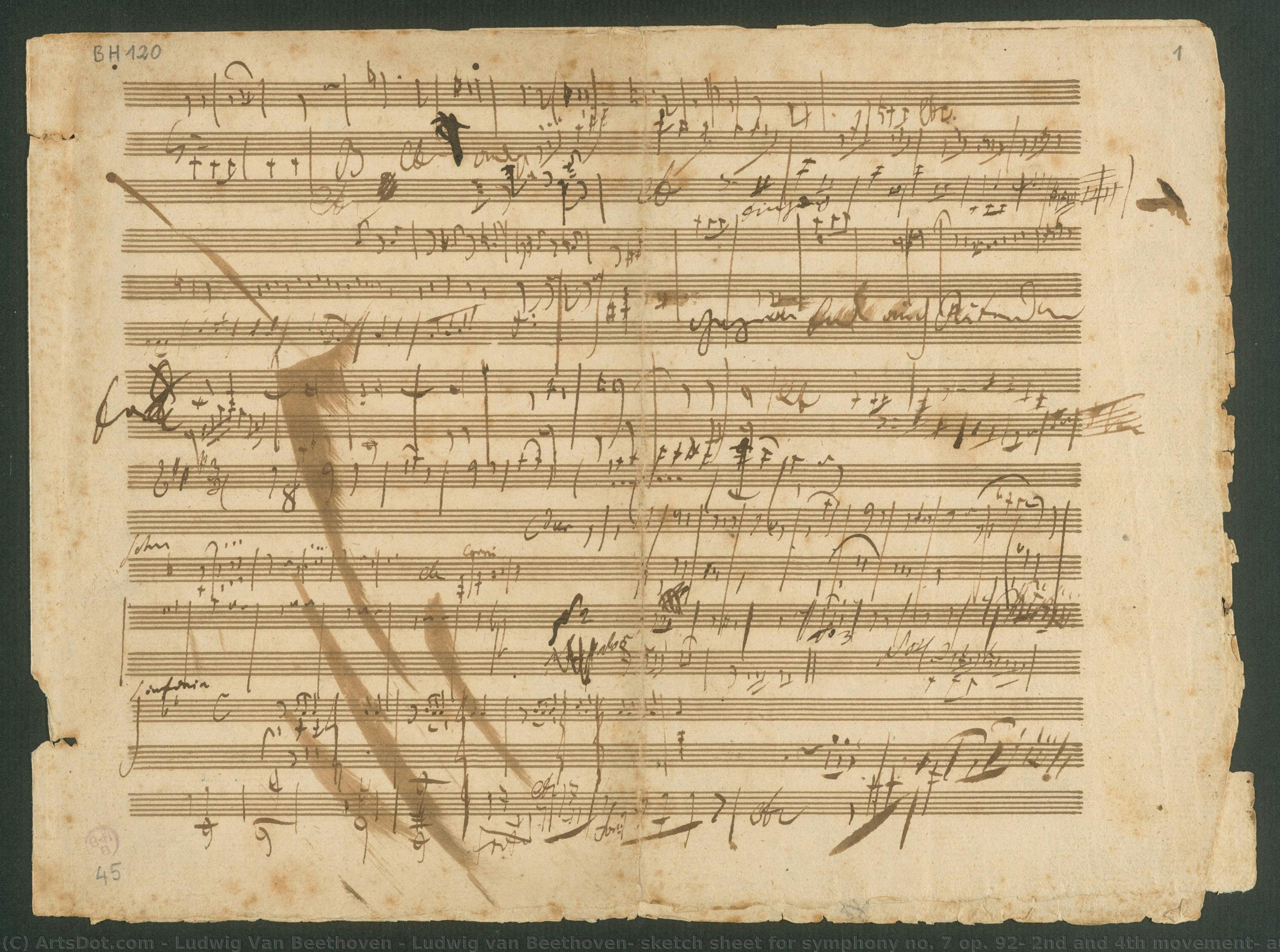 Ludwig Van Beethoven, Sketch Sheet For Symphony No. 7 Op. 92, 2nd And 4th Movement, Autograph — Ludwig Van Beethoven