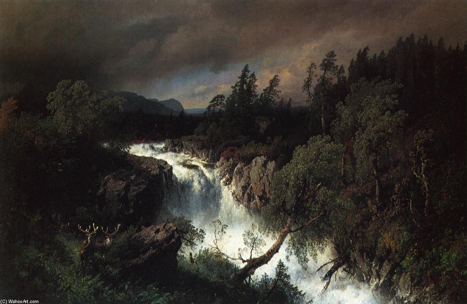 Mountain Landscape And Waterfall — Herman Herzog