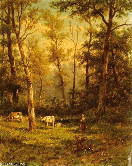 Shepherdess With Her Cows In A Clearing In A Forest — Anthonie Jacobus Van Wijngaerdt