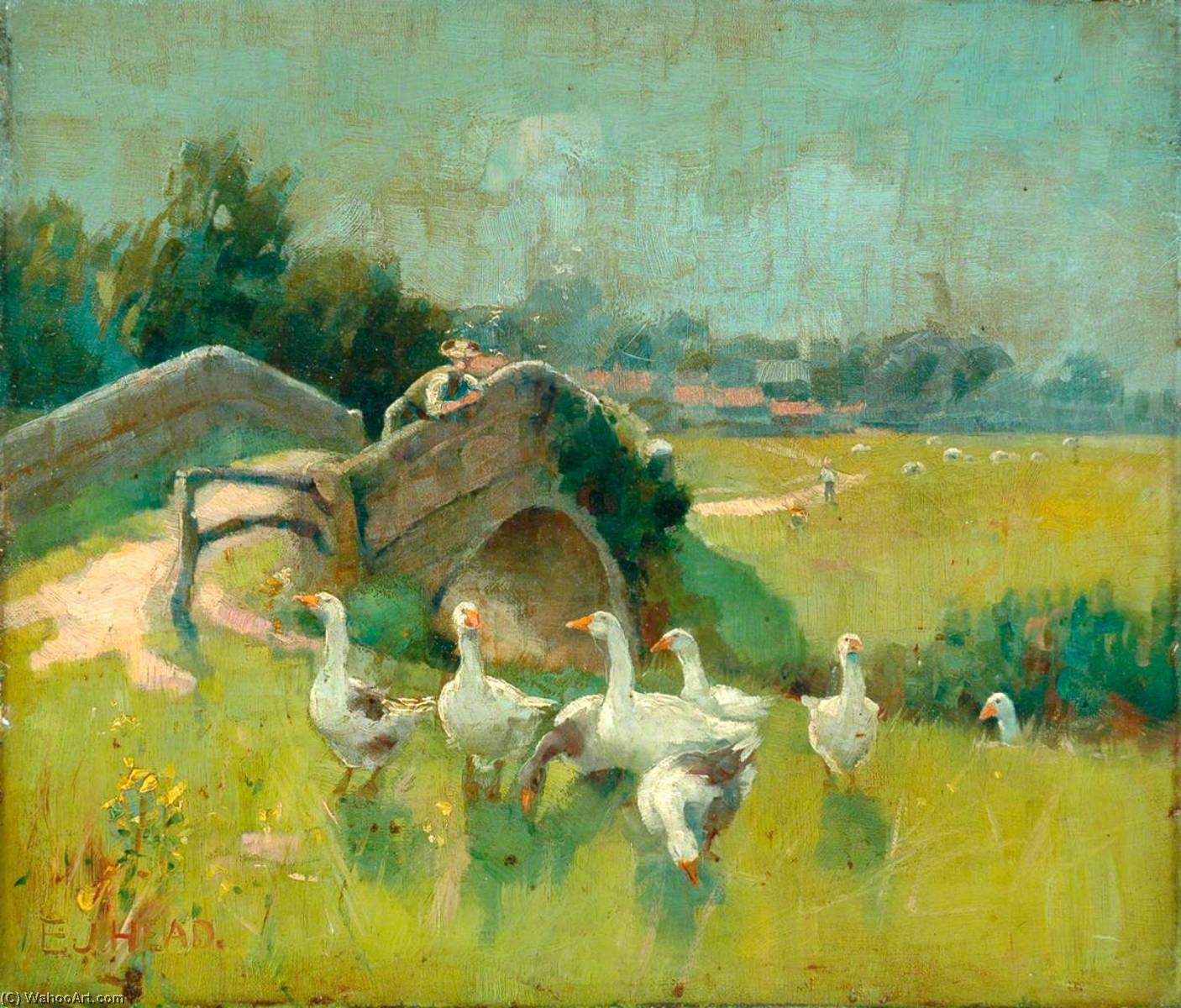 Man On Stone Bridge With Geese — Edward Joseph Head