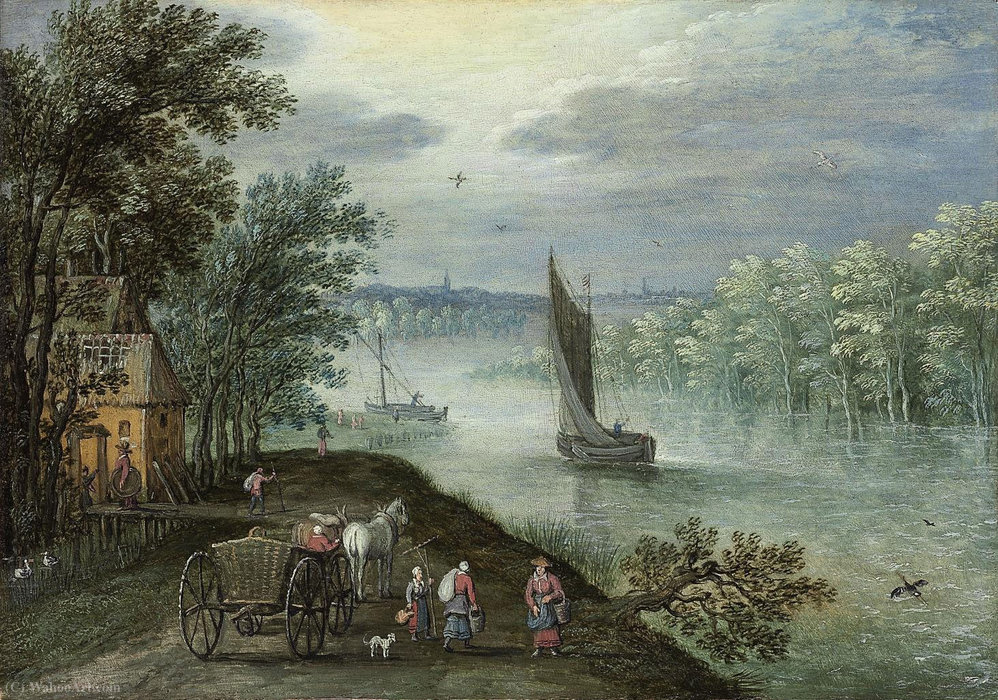 A Wooded, River Landscape With A Sailing Boat, Figures With A Horse And Cart On A Track In The Foreground — Maerten Ryckaert