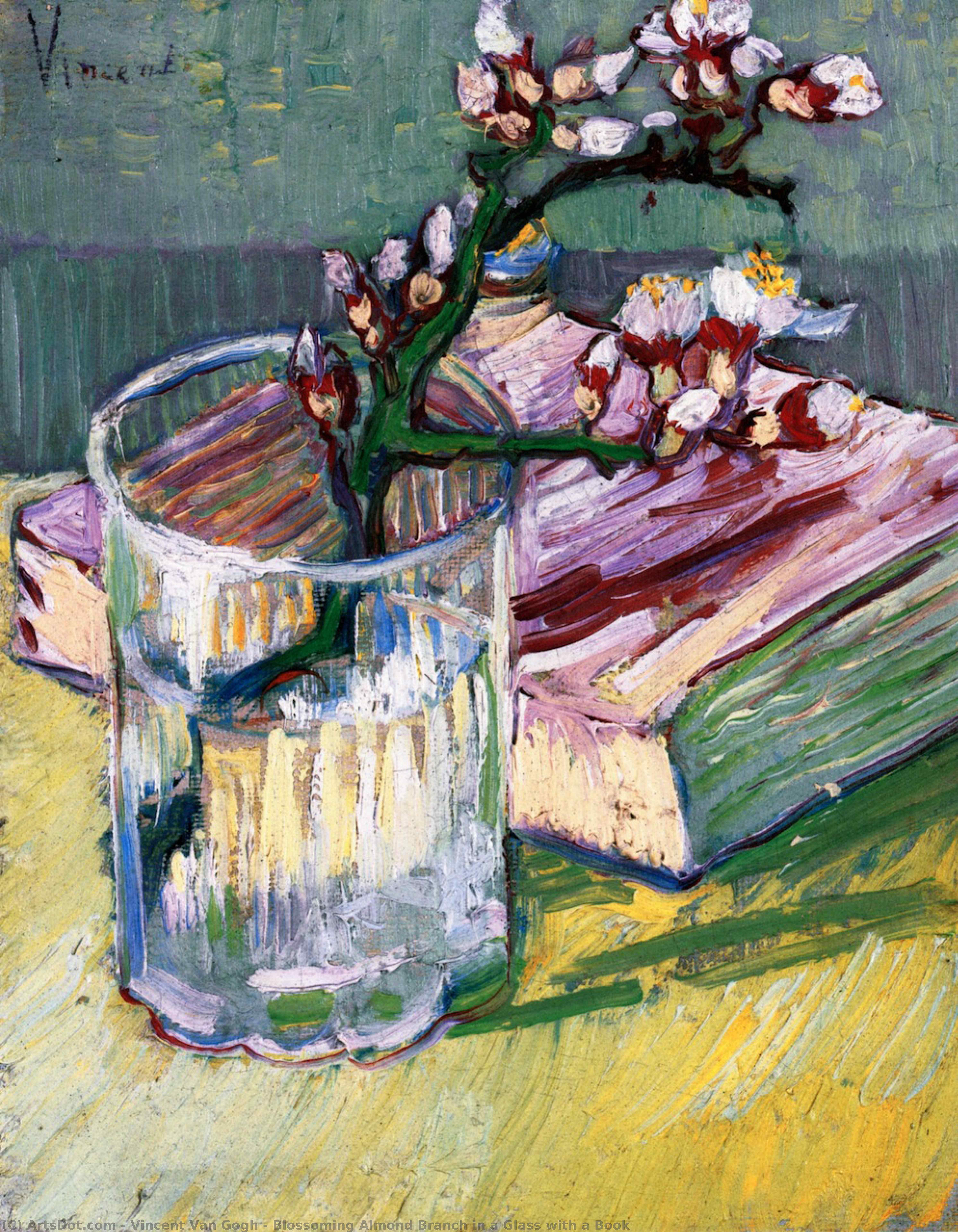 Blossoming Almond Branch In A Glass With A Book — Vincent Willem Van Gogh