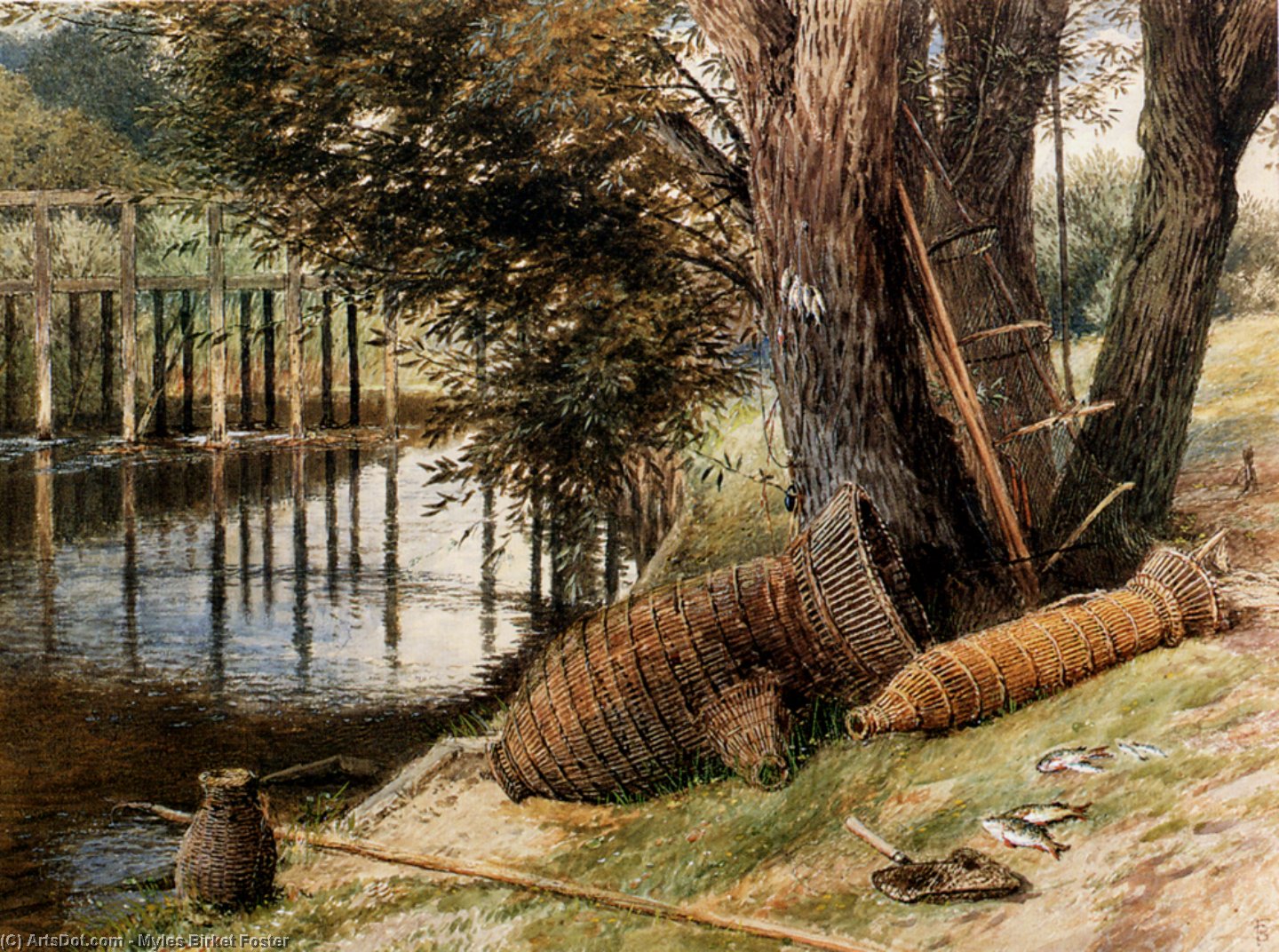 Eel Pots, On The Banks Of A River — Myles Birket Foster
