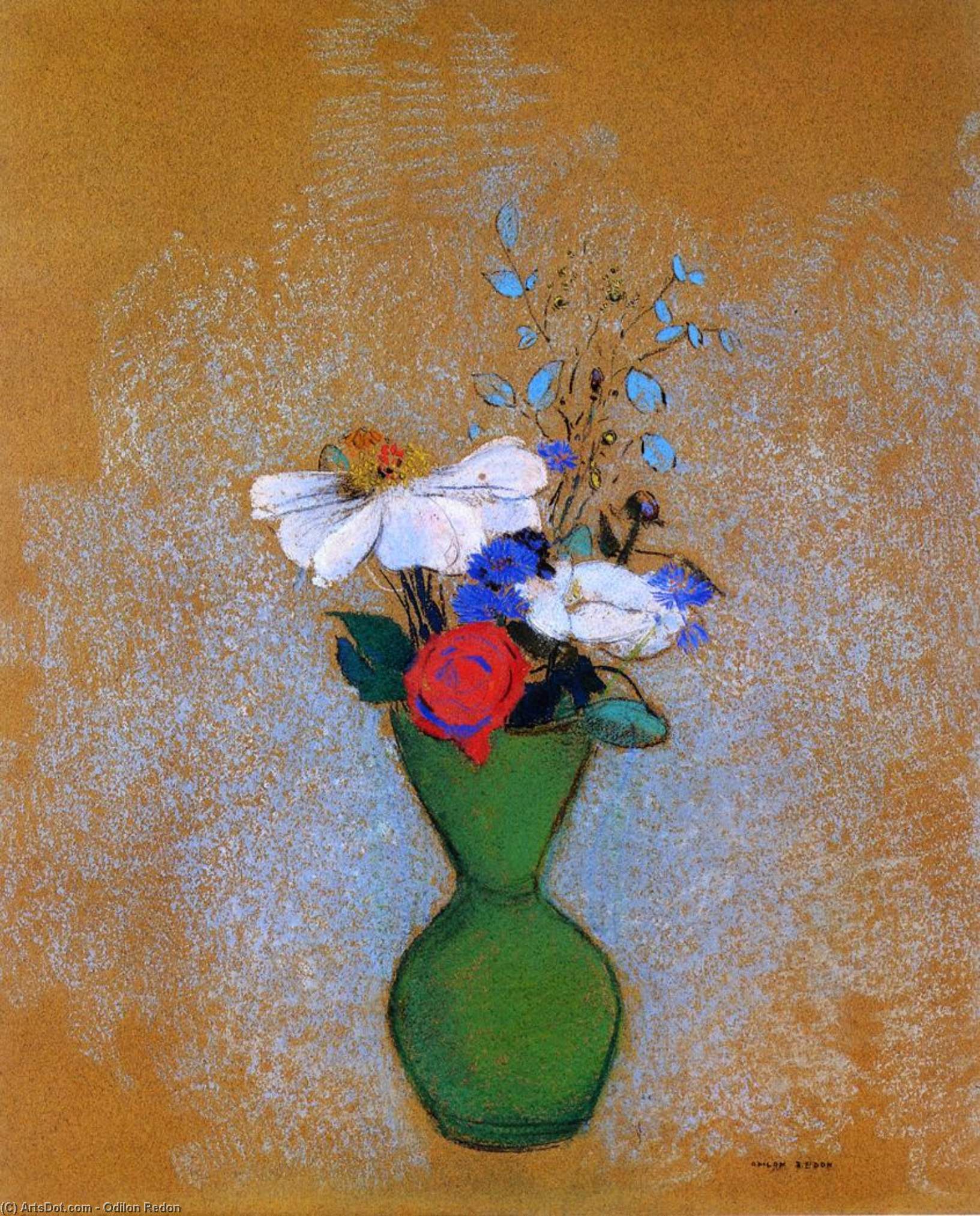Rose, Peony And Cornflowers In A Green Vase — Odilon Redon