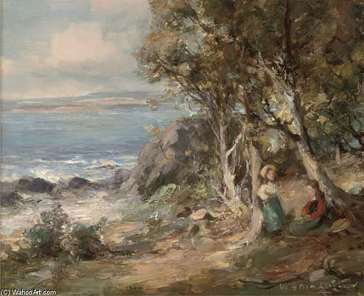 Young Girls Beside Trees Overlooking The Sea — William Stewart Macgeorge
