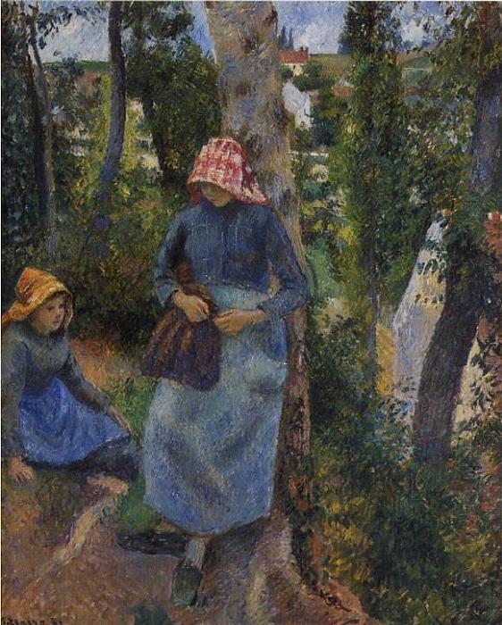 Two Young Peasants Chatting Under The Trees — Camille Pissarro