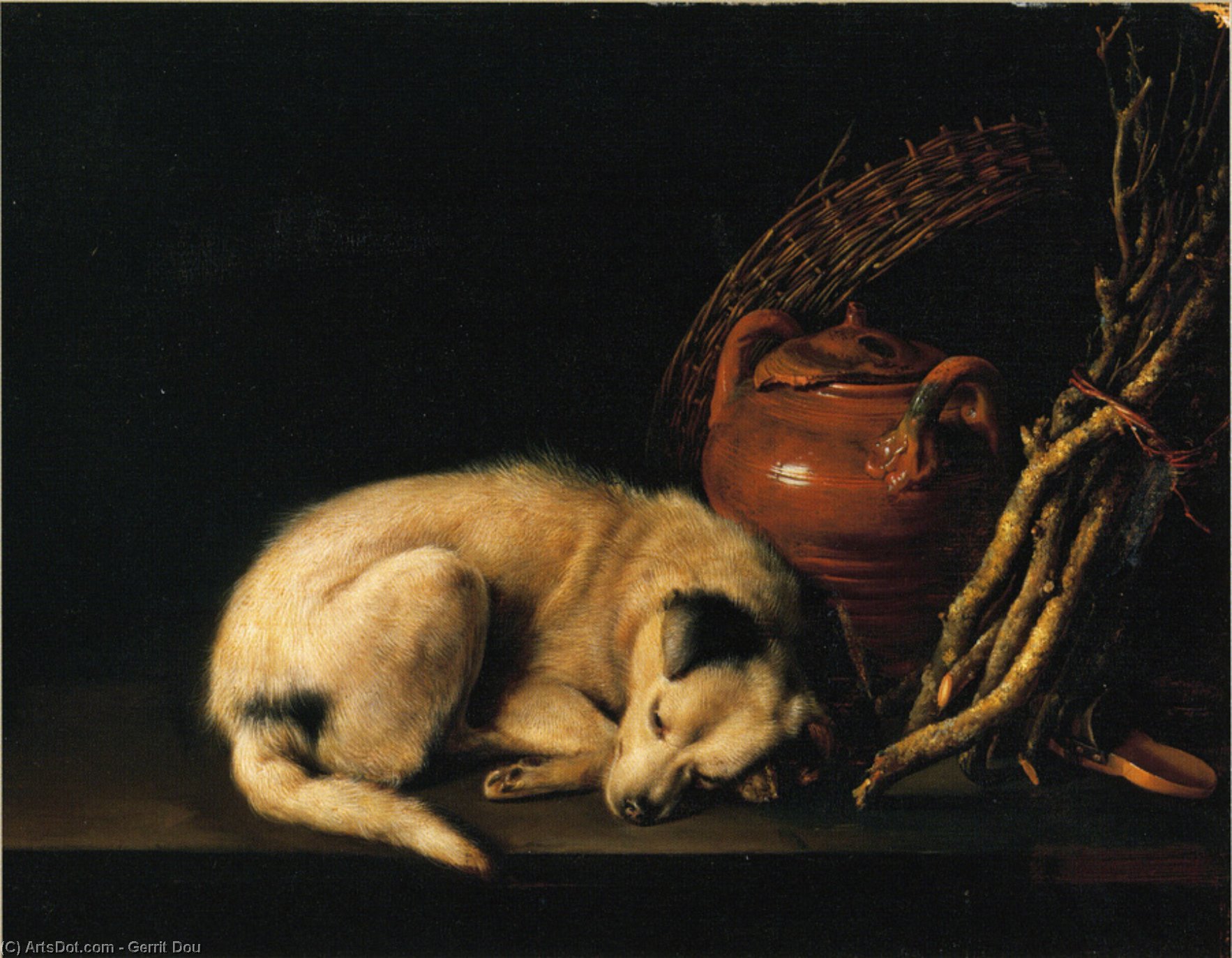 A Sleeping Dog Beside A Terracotta Jug, A Basket, And A Pile Of Kindling Wood — Gerrit Dou