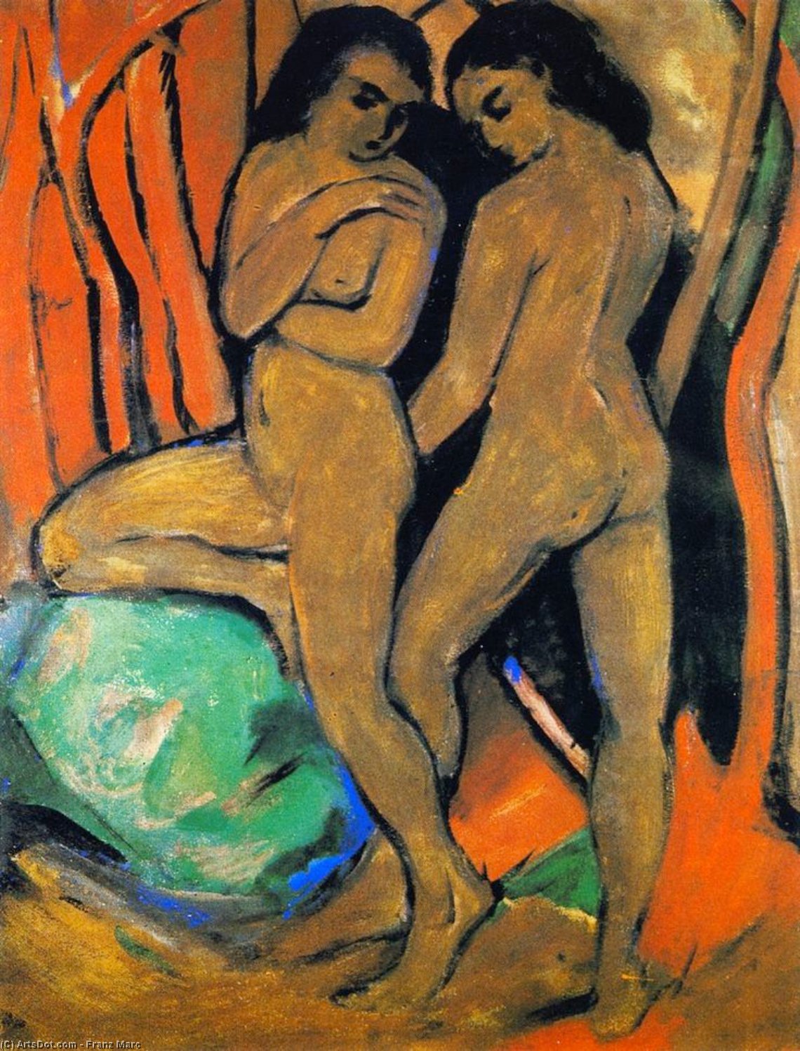 Two Standing Nudes With Green Rock — Franz Marc