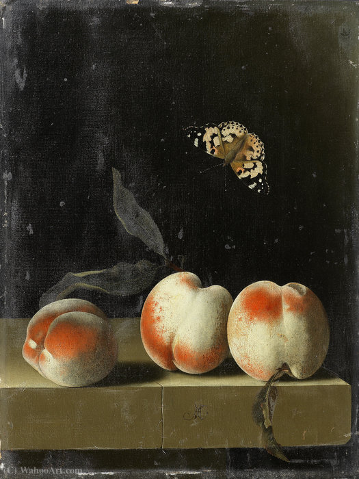 Three Peaches On A Stone Ledge With A Painted Lady Butterfly — Adriaen Coorte