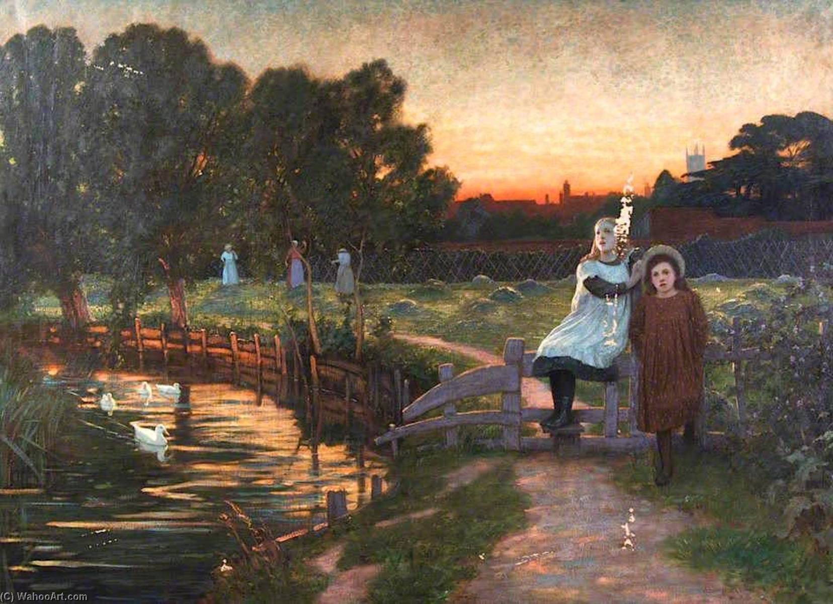 Haymaking At Dusk, Farnham Water Meadows — William Herbert Allen
