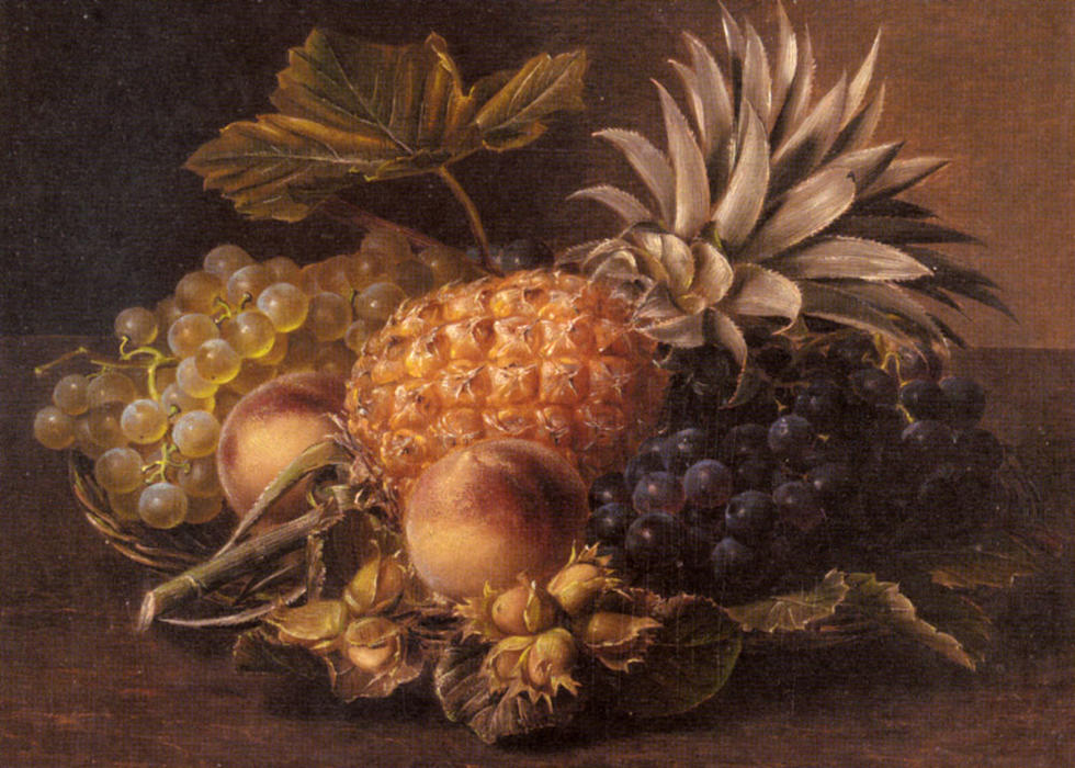 Grapes, A Pineapple, Peaches And Hazelnuts In A Basket — Johan Laurentz Jensen