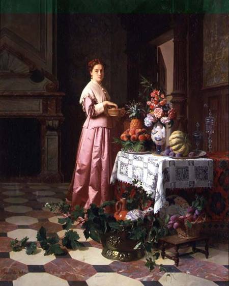 Lady With Fruit And Flowers On A Table — David Emile Joseph De Noter