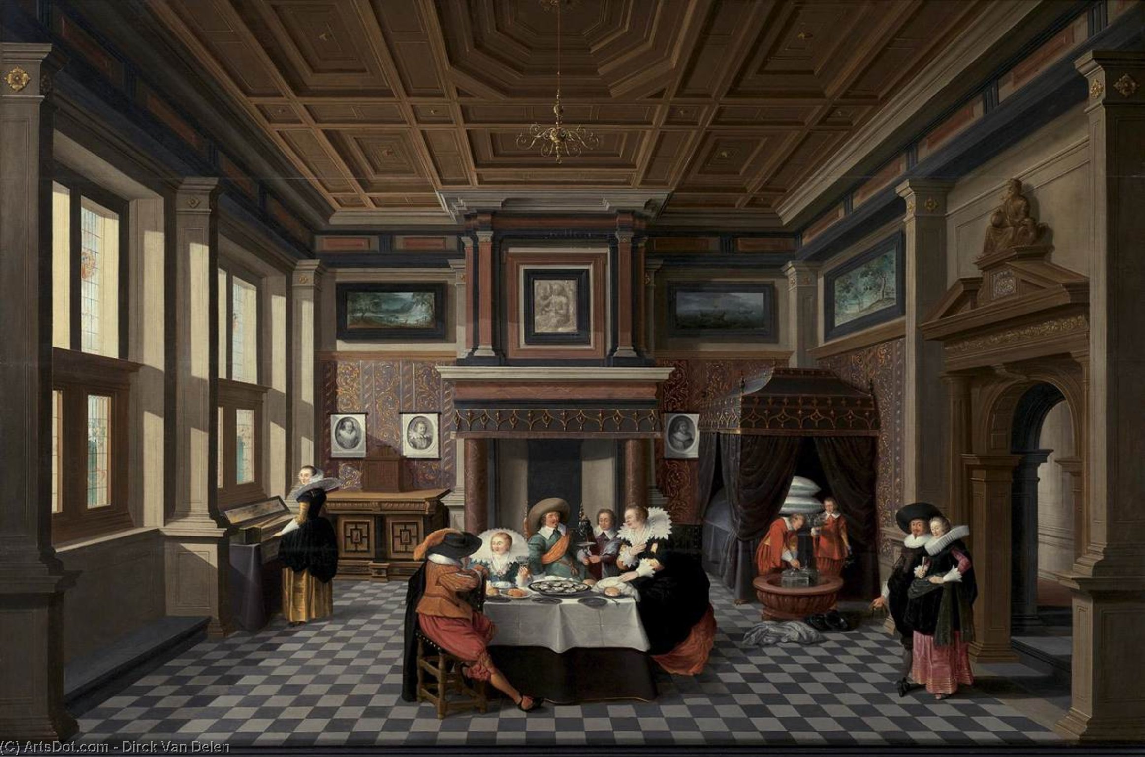 An Interior With Ladies And Gentlemen Dining — Dirck Van Delen