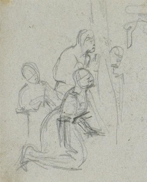 A Group Of Three Figures, One Kneeling, Possibly Before A Shrine — John Frederick Lewis