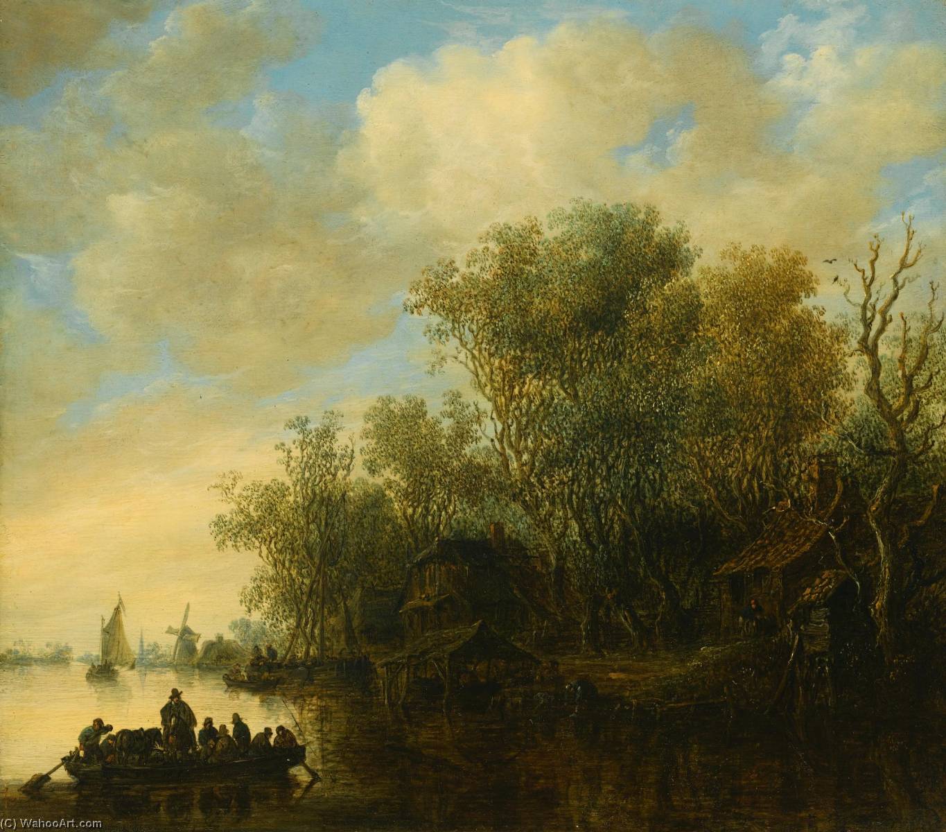 A River Landscape With A Fully Laden Ferry Boat Approaching A Busy River Bank — Jan Josefsz Van Goyen