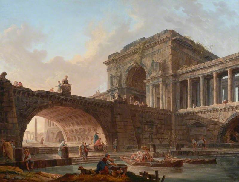 Architectural Capriccio With Bridge And Triumphal Arch — Hubert Robert