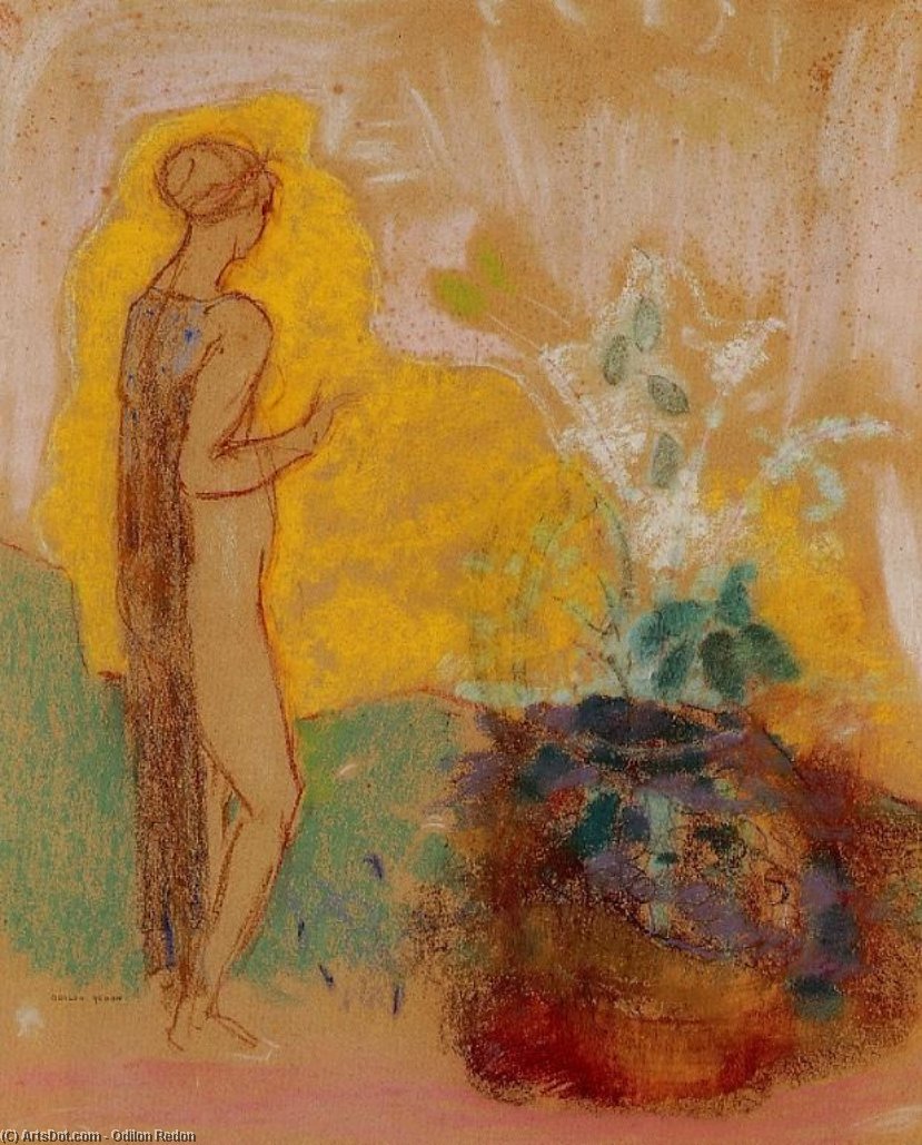Woman And Stone Pot Full Of Flowers — Odilon Redon