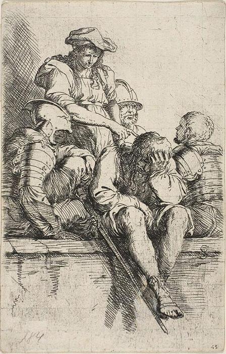 Four Warriors And A Standing Youth, Who Points Down At One Of Them — Salvator Rosa