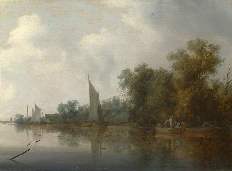 A River With Fishermen Drawing A Net — Salomon Van Ruysdael