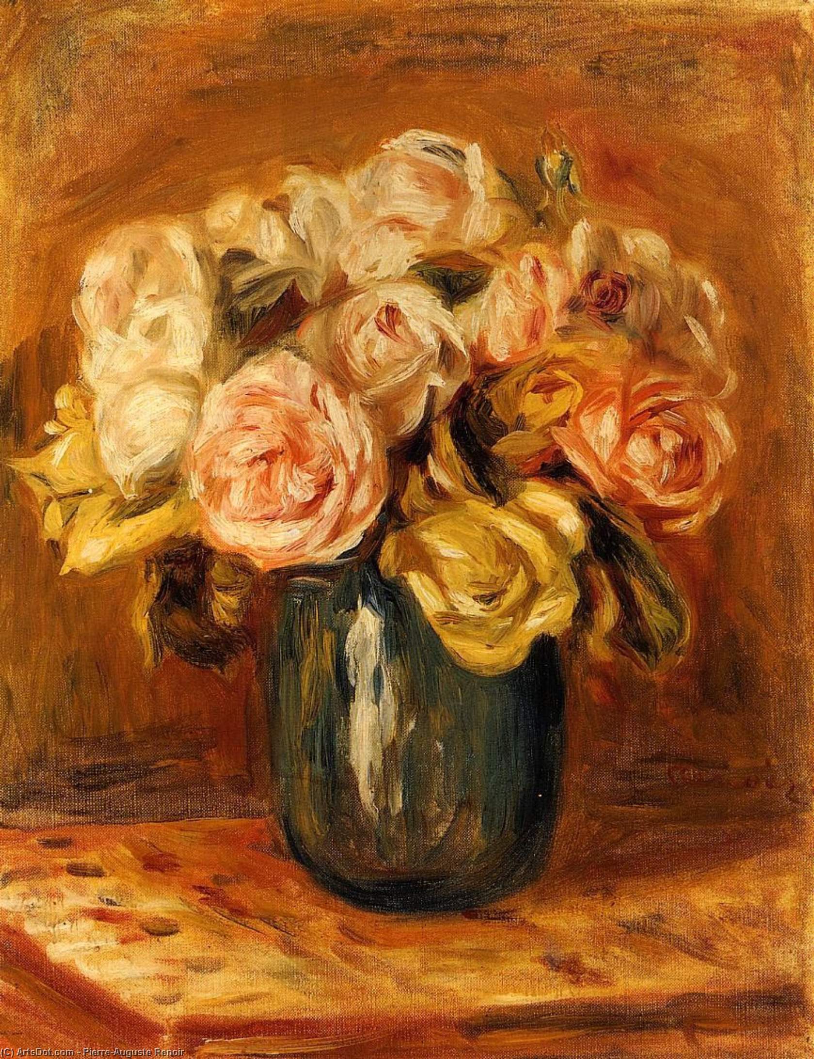 Roses In A Blue Vase — Pierre-auguste Renoir