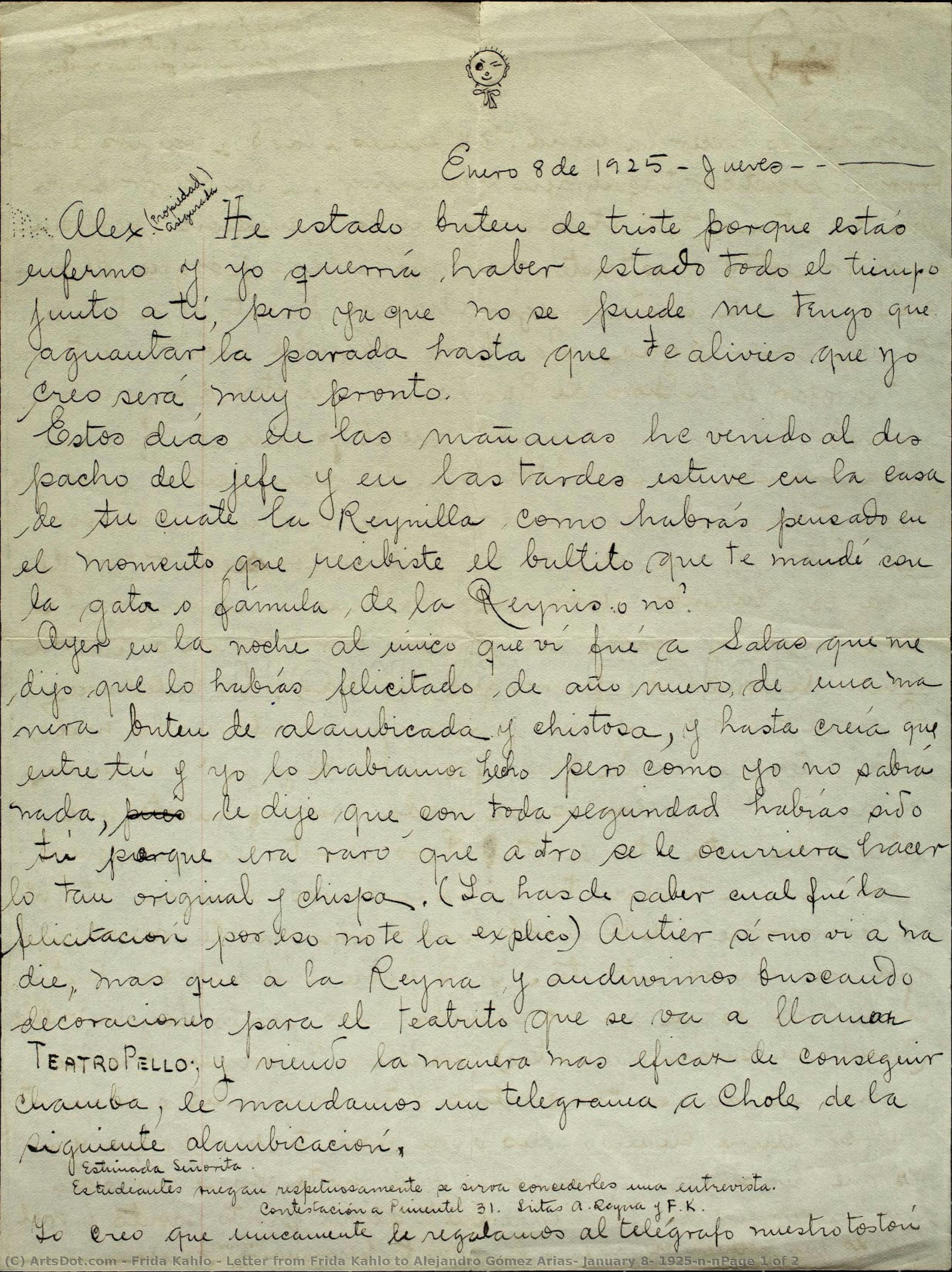 Letter From Frida Kahlo To Alejandro Gómez Arias, January 8, 1925\n\npage 1 Of 2 — Frida Kahlo