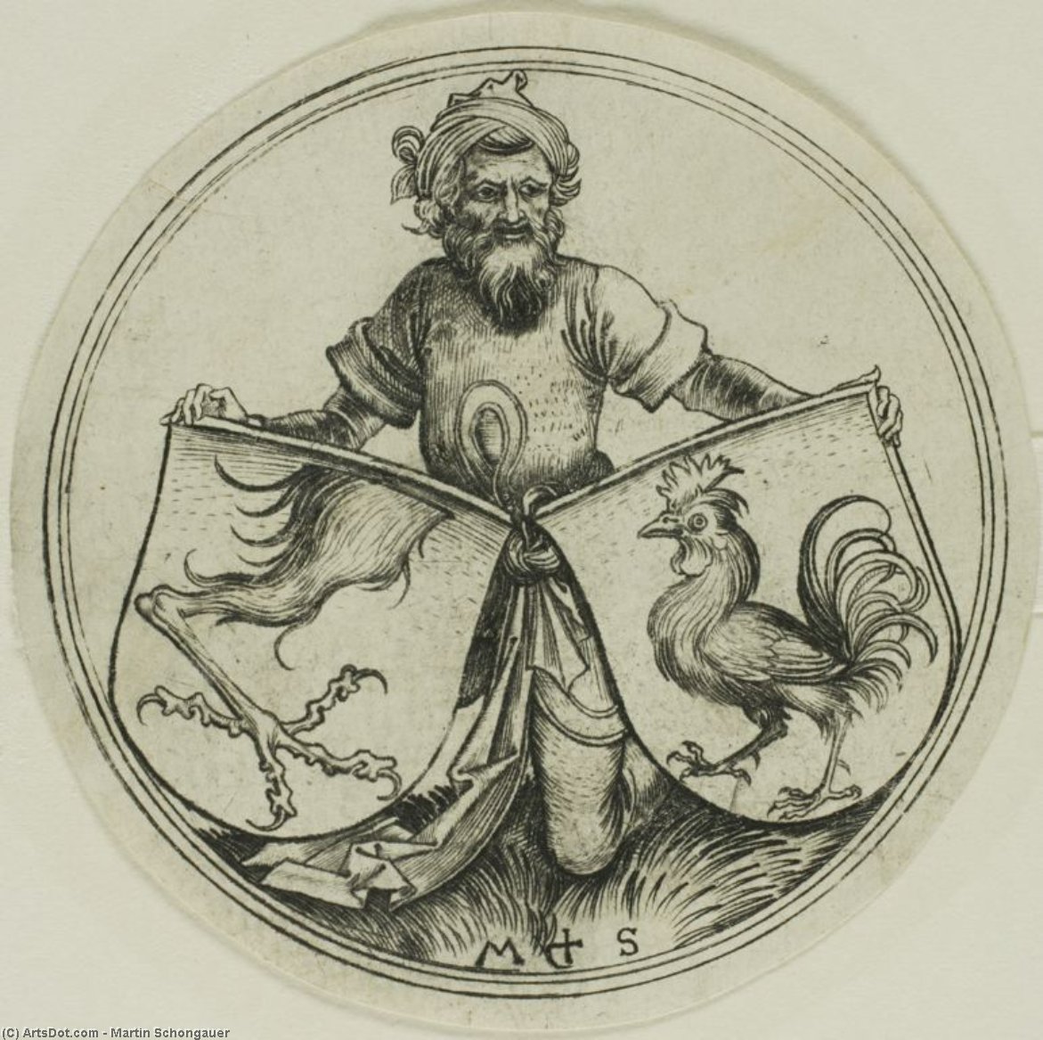 Shield With A Griffin's Foot And Shield With A Cock Held By A Moor — Martin Schongauer