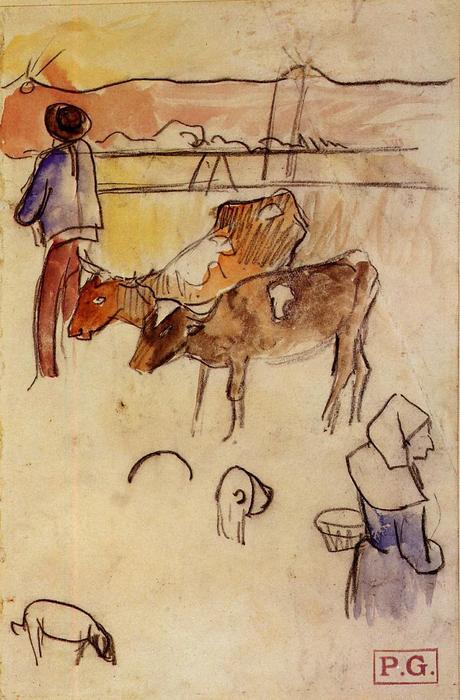 Bretons And Cows (sketch) — Eugène Henri Paul Gauguin
