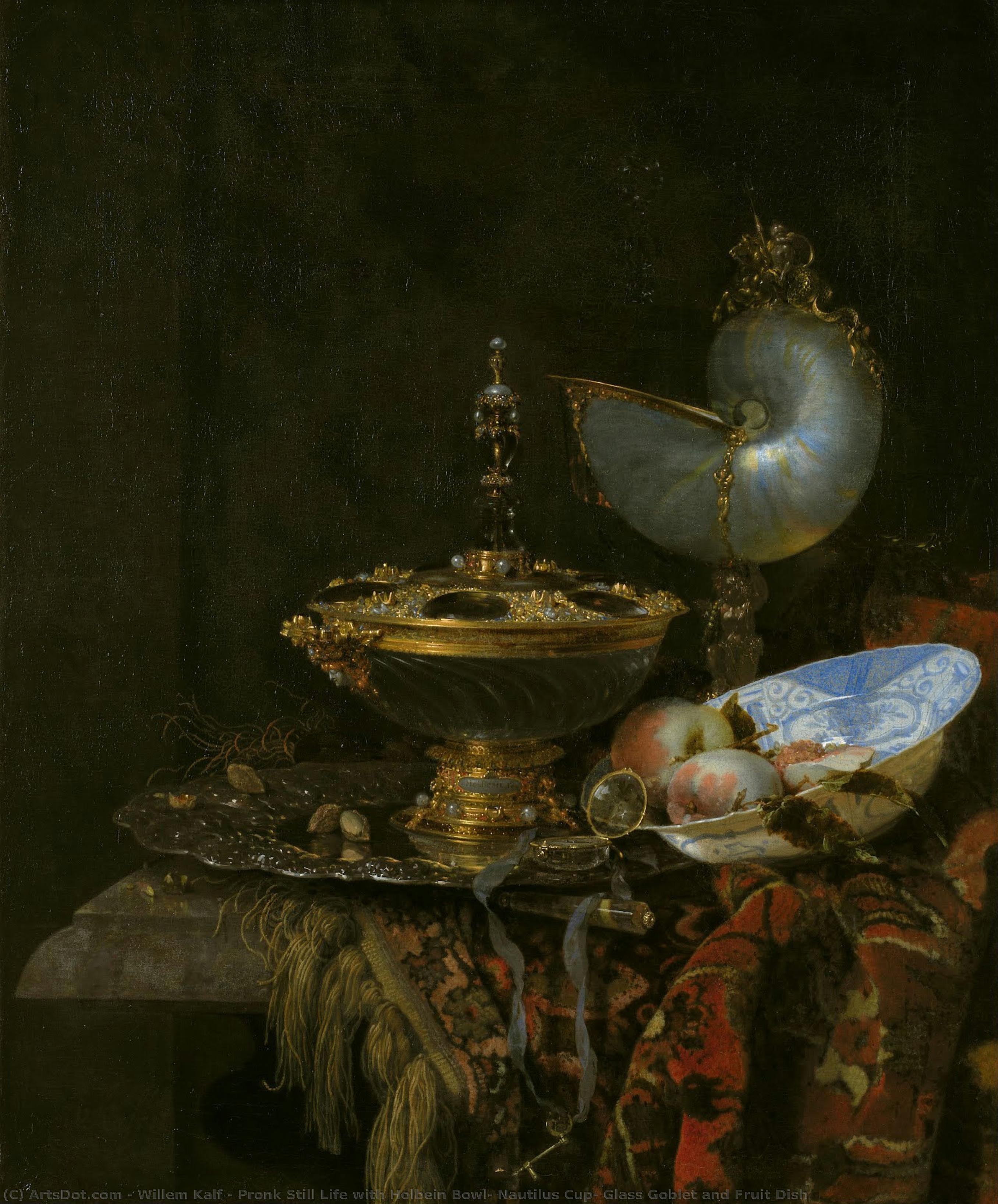 Pronk Still Life Mit Holbein Schüssel, Nautilus Becher, Glas Goblet Und Frucht Teller — Willem Kalf