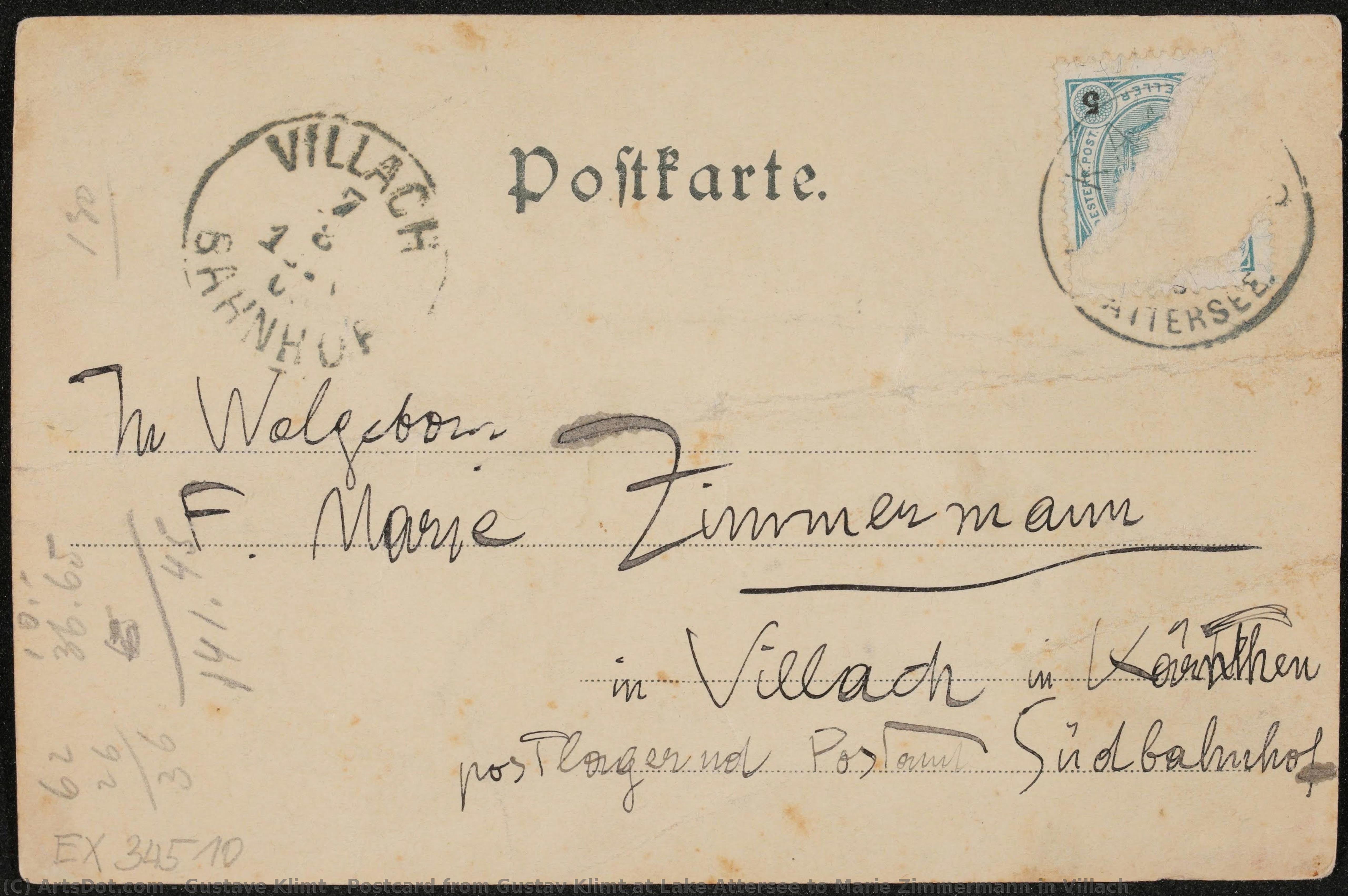 Postcard From Gustav Klimt At Lake Attersee To Marie Zimmermann In Villach — Gustav Klimt
