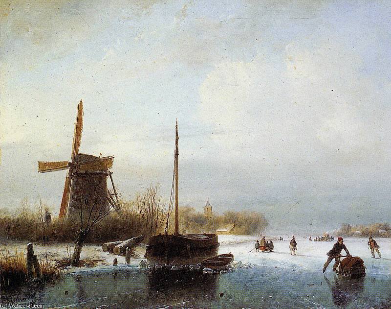 Boat In Frozen Canal Sun — Andreas Schelfhout