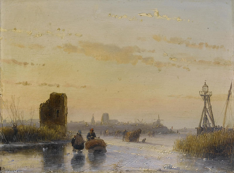 Figures On A Frozen Waterway — Andreas Schelfhout