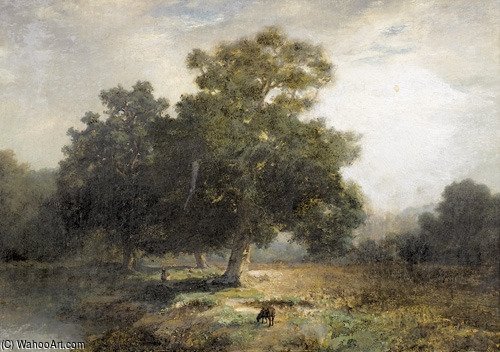 Landschaftspartie Mit Bäuerin Und Schaf Unter Bäumen — Robert Zund