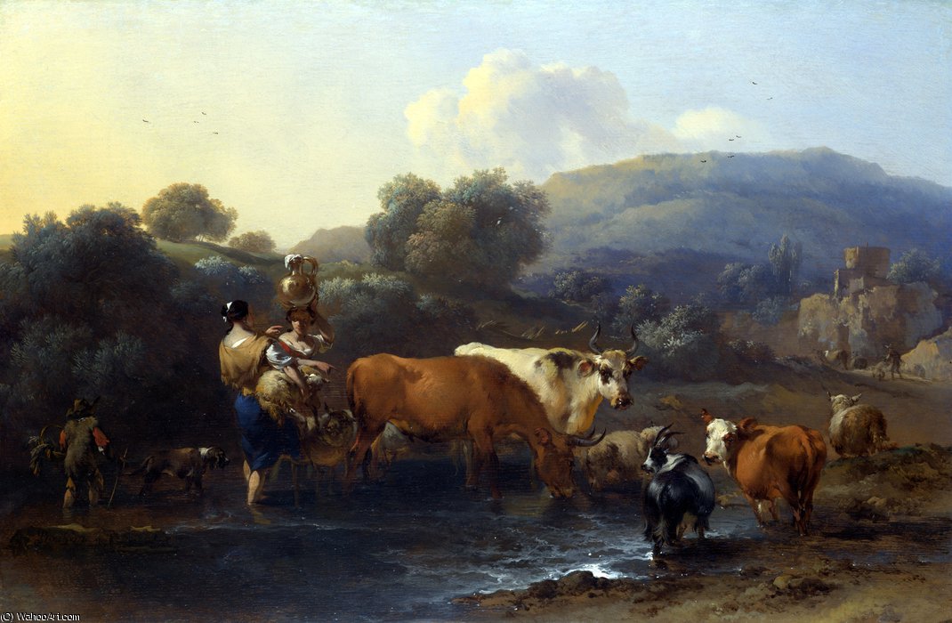 Peasants With Cattle Fording A Stream — Nicolaes Pietersz Berchem
