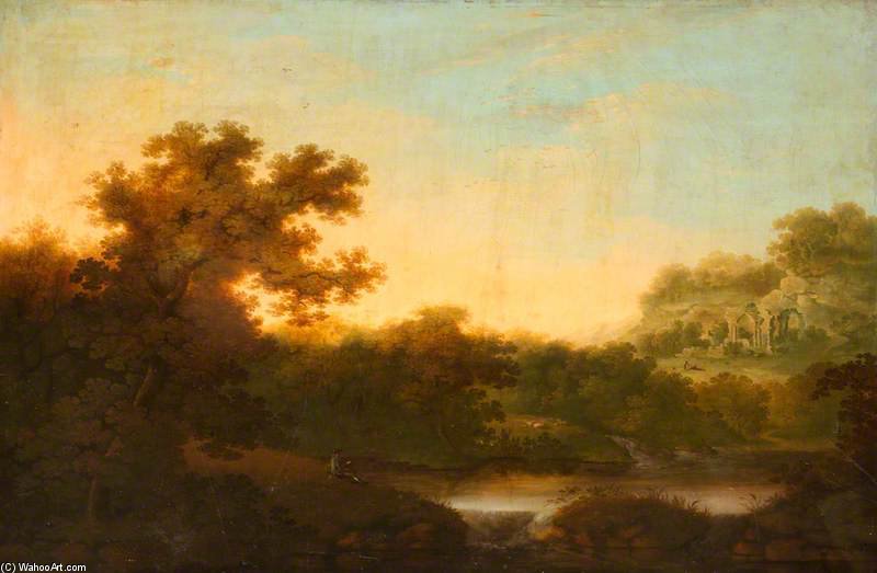 River Landscape, With Fisherman — George Smith