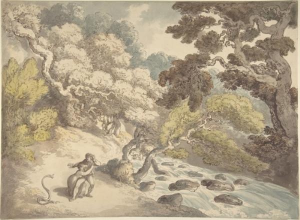 Landscape With Rushing Stream And A Couple On The Bank, Frightened By A Snake — Thomas Rowlandson