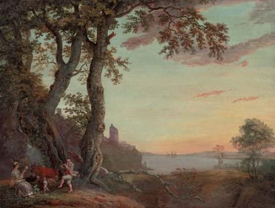 An Extensive Wooded River Landscape With An Amorous Couple Making Music Under A Tree — Paul Sandby
