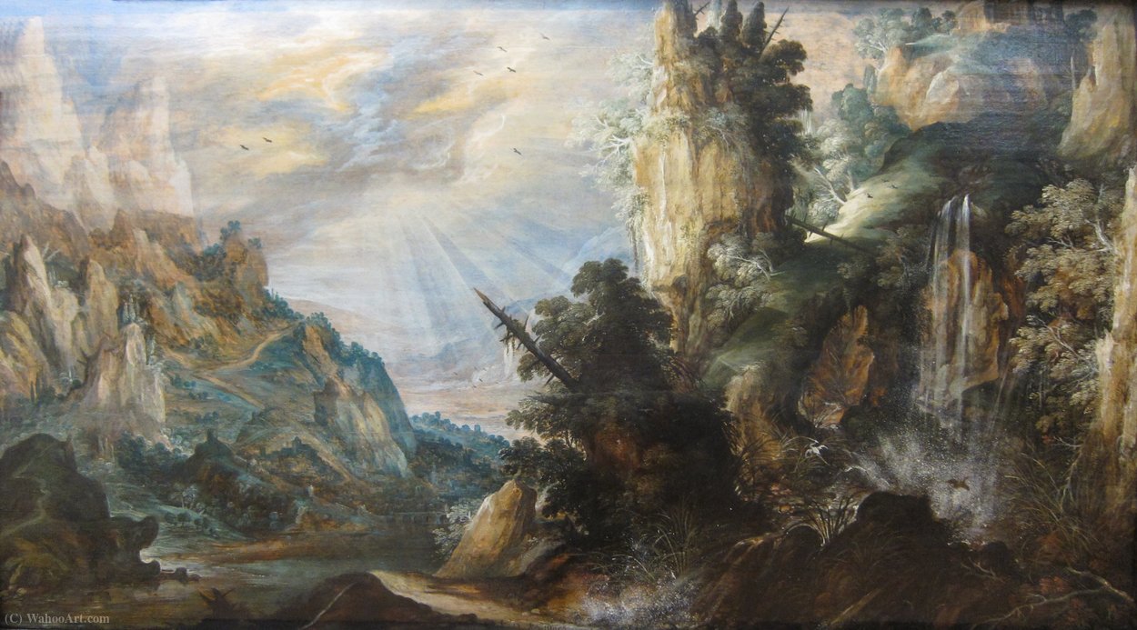 A Mountainous Landscape With A Waterfall — Kerstiaen De Keuninck