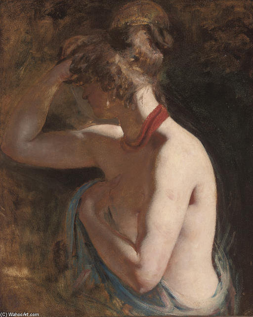 Study Of A Female Nude, Half-length, Draped In A Blue Wrap With A Red Scarf Around Her Neck — William Etty