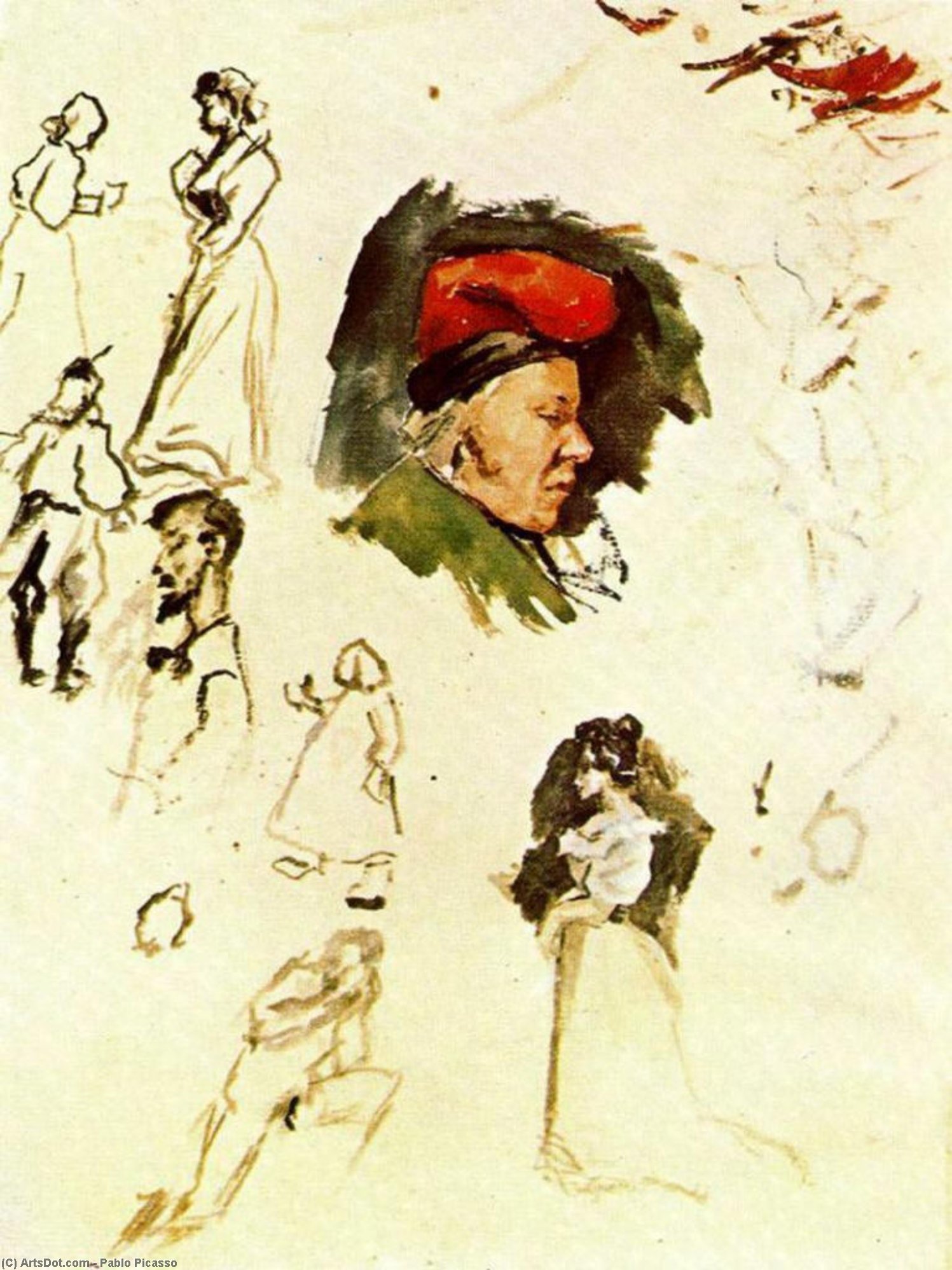 Catalan Coiffé De La ''barretina'' Et Autres Croquis — Pablo Picasso