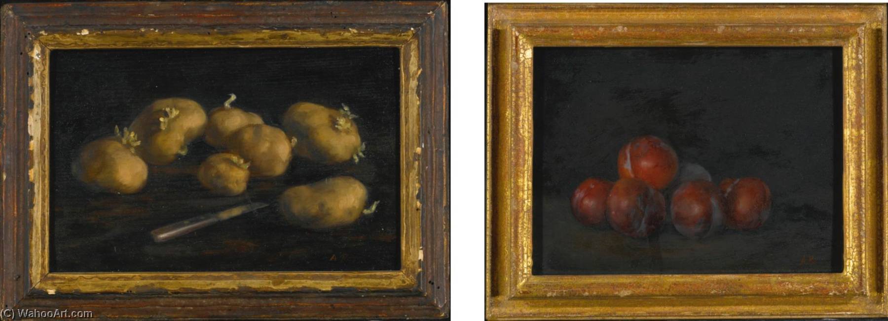 Dark Red Plums And Sprouting Potatoes Two Paintings — Alvin Ross