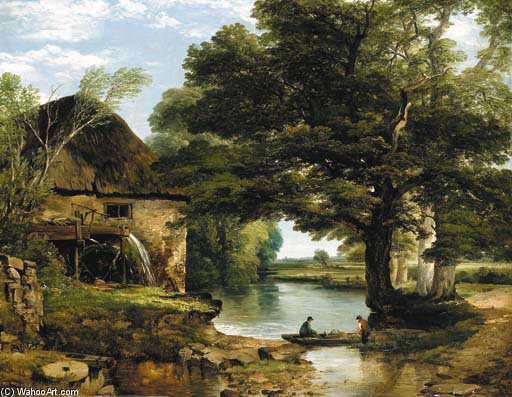 My Cottage Near The Brook - A Wooded River Landscape With An Overshot Mill And Fishermen — Frederick Richard Lee